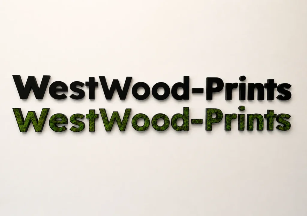 Bild von 3D-gedruckten Schriftzügen von WestWood-Prints an der Büro-Wand